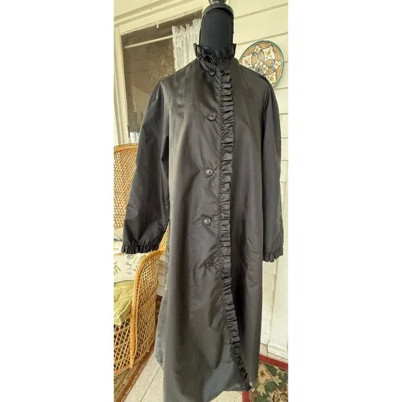 Vintage 70's The Totes Nylon Rain Coat Black Ruffled Collar Sleeves Gothic Size - Picture 16 of 16